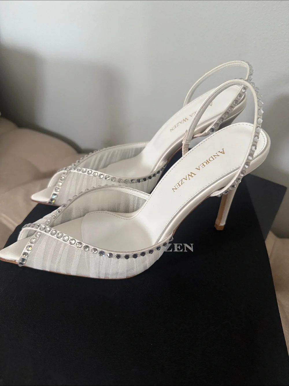 Andrea Wazen White Crystal Embellished Slingback Pumps